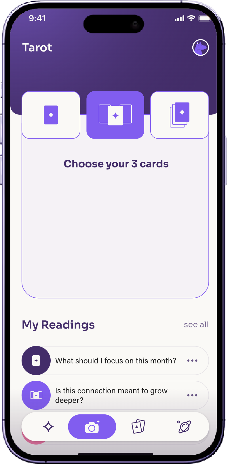 Spelly — AI tarot card readings screen